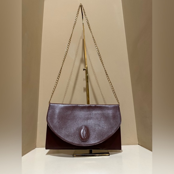 Large Leather Vintage Burgundy Cartier Clutch w/added carry chain